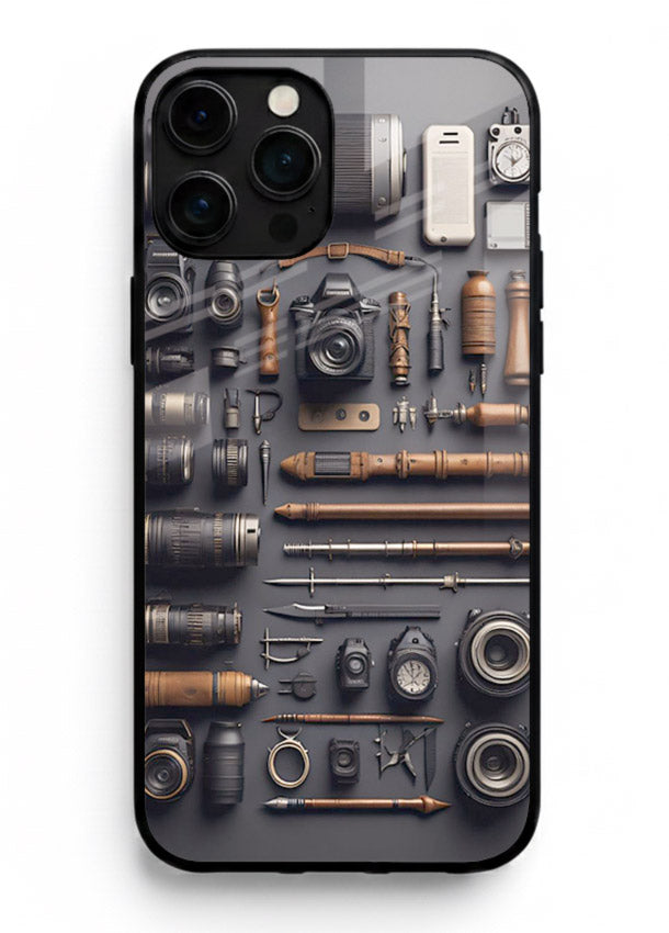 Camera tools flatlay artwork printed on glossy tempered glass iPhone 14 Pro Max back cover