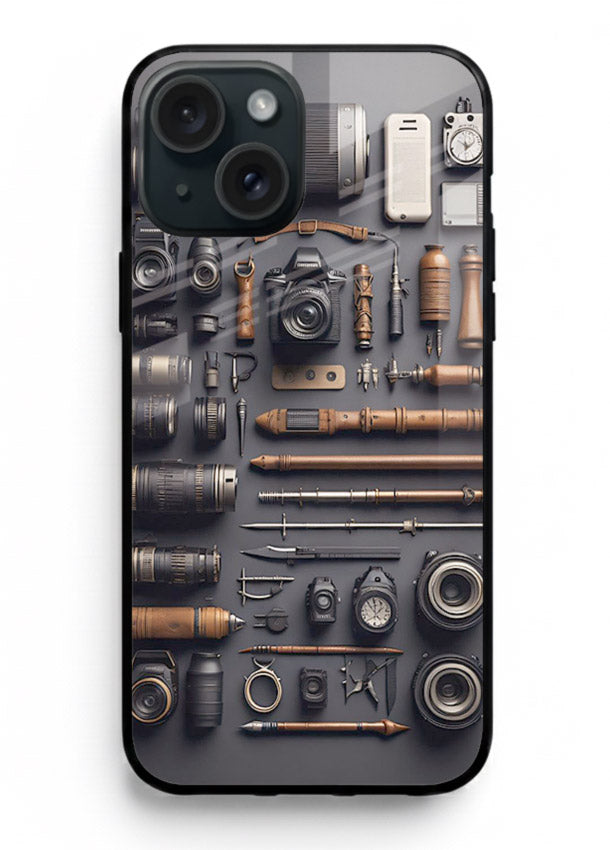 Camera tools flatlay artwork printed on glossy tempered glass iPhone 13 back cover