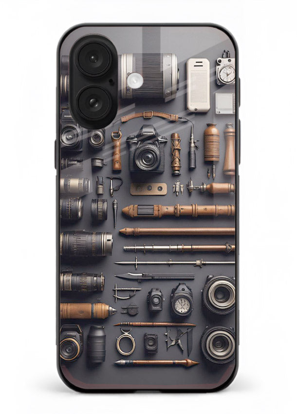 Camera tools flatlay artwork printed on glossy tempered glass iPhone 16 back cover