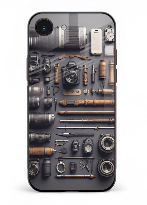 Camera tools flatlay artwork printed on glossy tempered glass iPhone 16E back cover