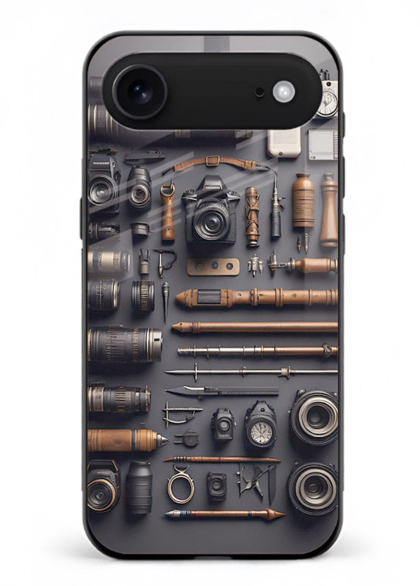 Camera tools flatlay artwork printed on glossy tempered glass iPhone 17 Air back cover