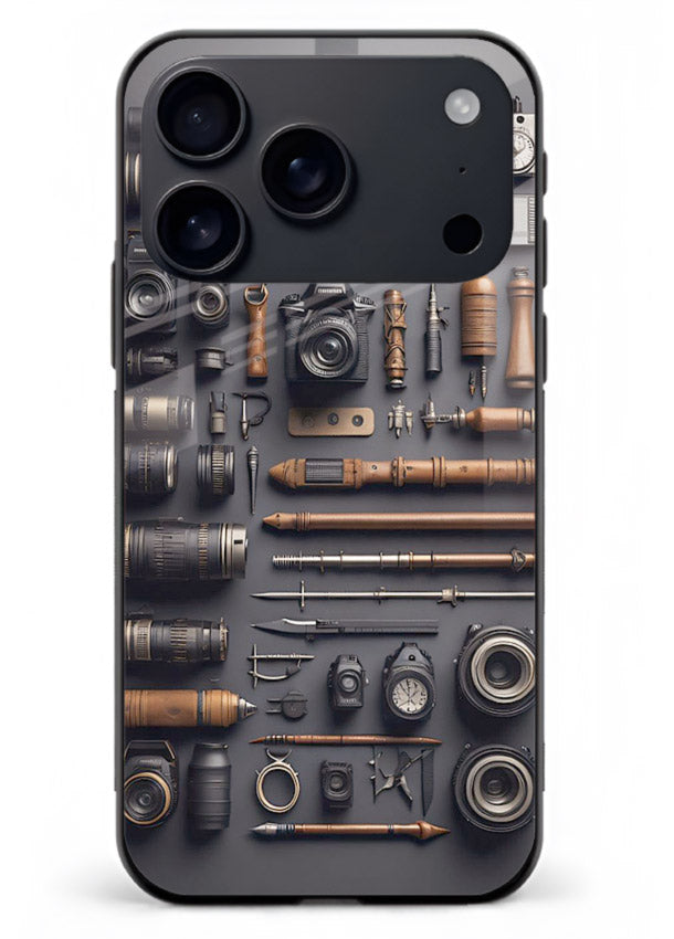 Camera tools flatlay artwork printed on glossy tempered glass iPhone 18 Pro Max back cover