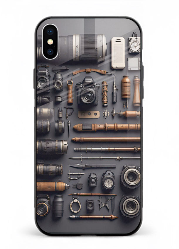 Camera tools flatlay artwork printed on glossy tempered glass iPhone XS Max back cover
