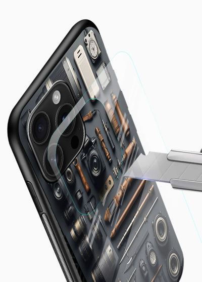 Camera tools flatlay artwork printed on glossy tempered glass mobile back cover - 4