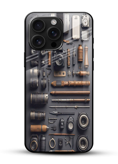 Camera tools flatlay artwork printed on glossy tempered glass mobile back cover - 1