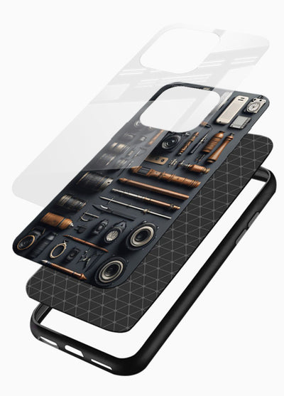 Camera tools flatlay artwork printed on glossy tempered glass mobile back cover - 3