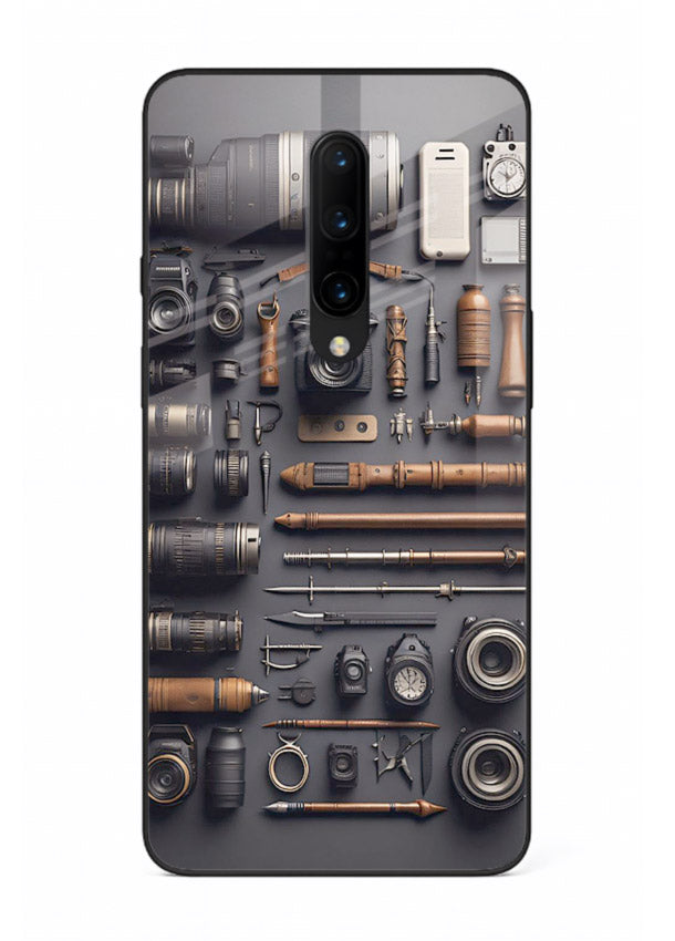 Camera tools flatlay artwork printed on glossy tempered glass OnePlus 8 back cover