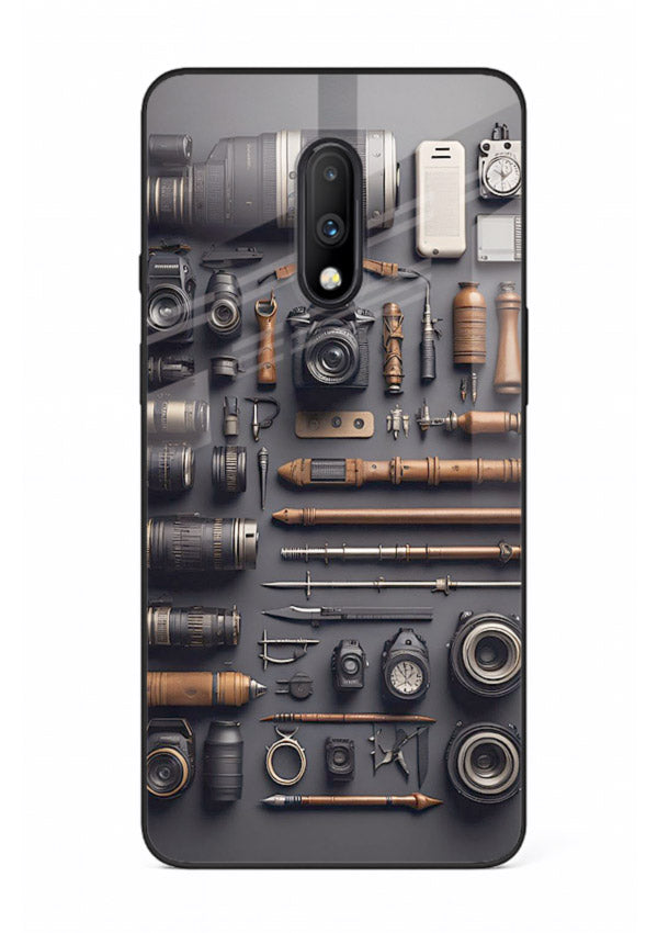Camera tools flatlay artwork printed on glossy tempered glass OnePlus 7 back cover