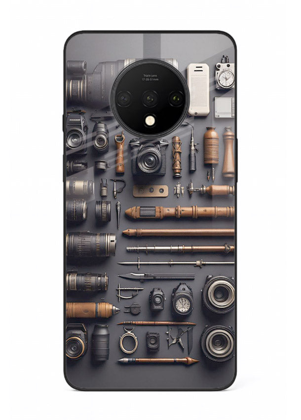 Camera tools flatlay artwork printed on glossy tempered glass OnePlus 7T back cover