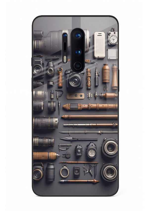 Camera tools flatlay artwork printed on glossy tempered glass OnePlus 8 Pro back cover