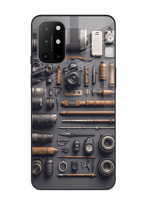 Camera tools flatlay artwork printed on glossy tempered glass OnePlus 8T back cover