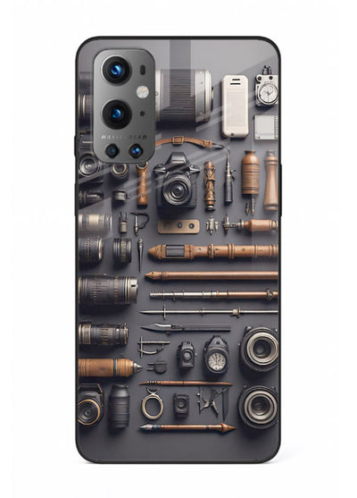 Camera tools flatlay artwork printed on glossy tempered glass OnePlus 9 back cover