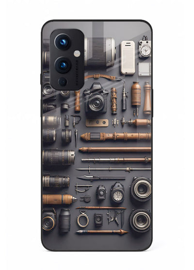 Camera tools flatlay artwork printed on glossy tempered glass OnePlus 9 Pro back cover