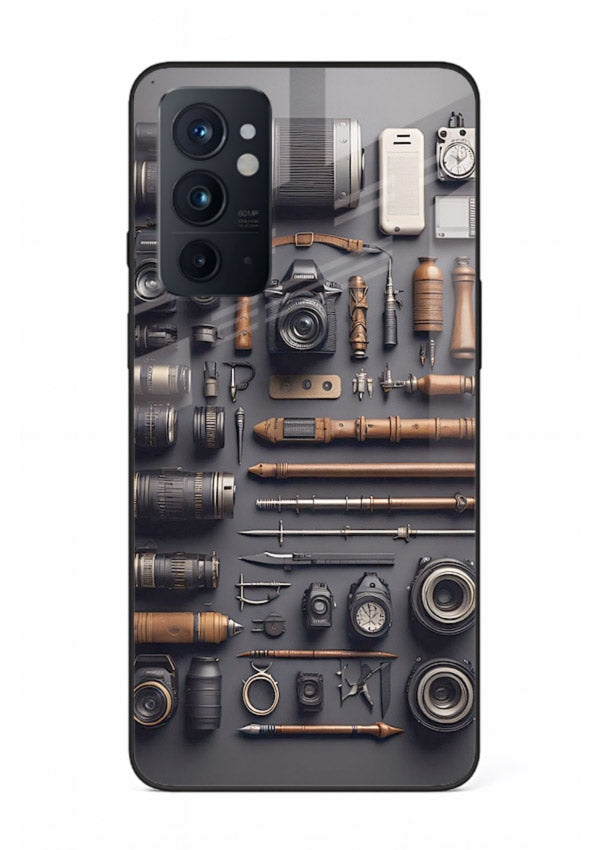 Camera tools flatlay artwork printed on glossy tempered glass OnePlus 9RT back cover