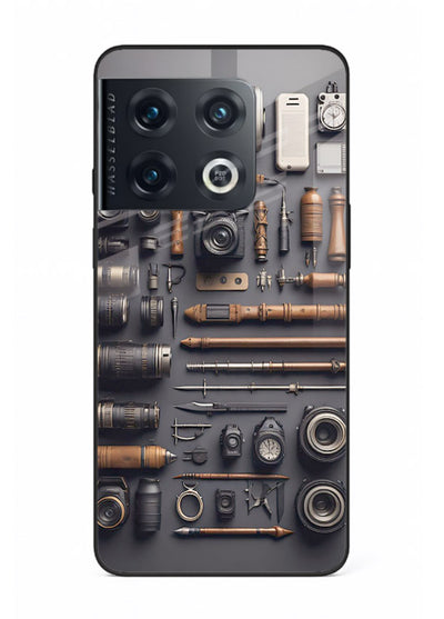 Camera tools flatlay artwork printed on glossy tempered glass OnePlus 10 Pro back cover
