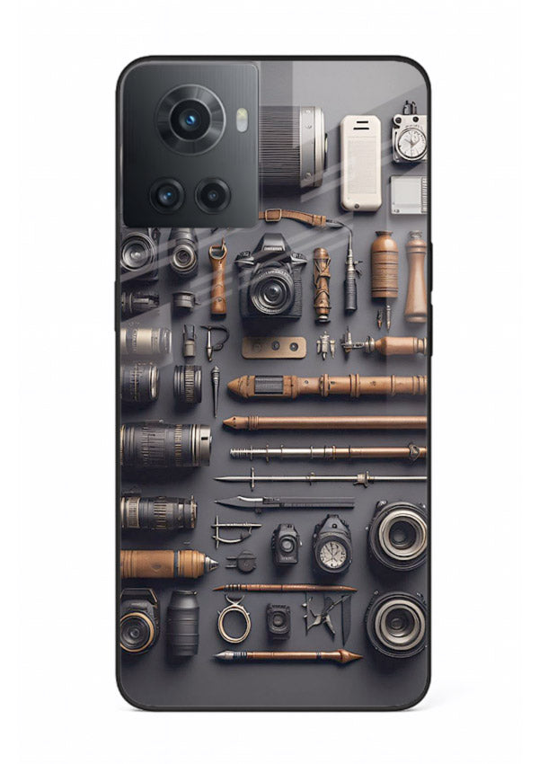 Camera tools flatlay artwork printed on glossy tempered glass OnePlus 10R back cover