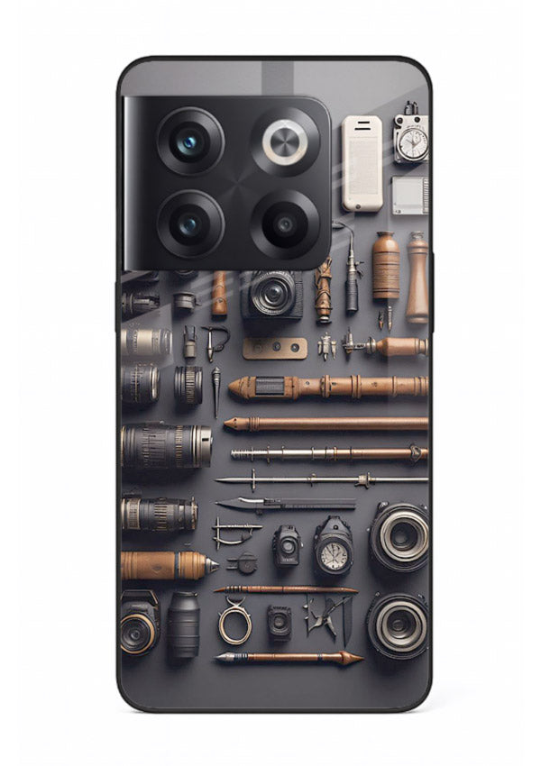 Camera tools flatlay artwork printed on glossy tempered glass OnePlus 10T back cover