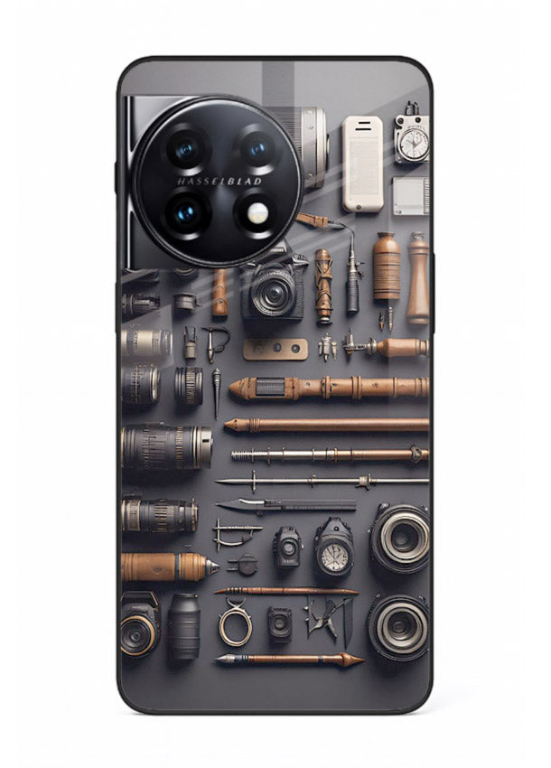 Camera tools flatlay artwork printed on glossy tempered glass OnePlus 11 back cover