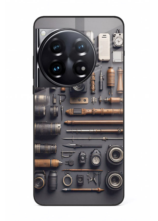 Camera tools flatlay artwork printed on glossy tempered glass OnePlus 12 back cover