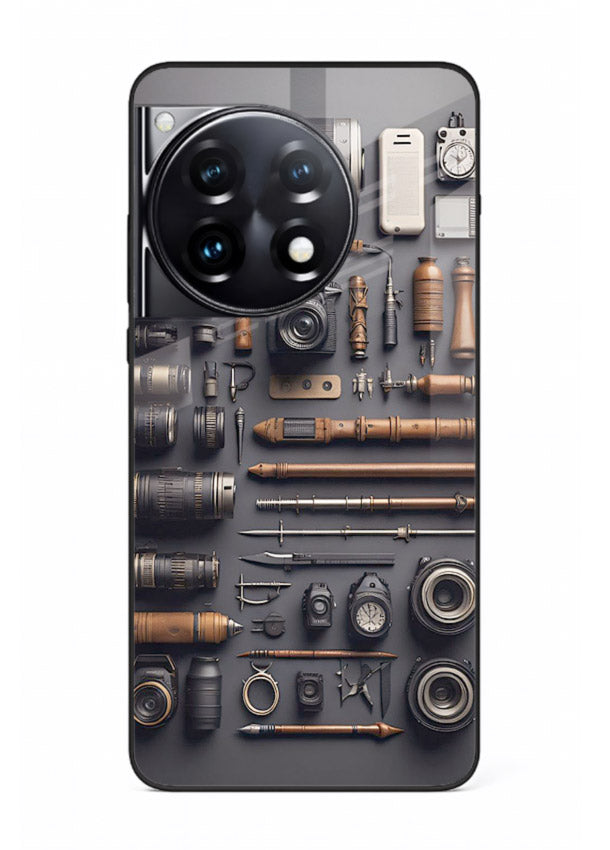 Camera tools flatlay artwork printed on glossy tempered glass OnePlus 12R back cover