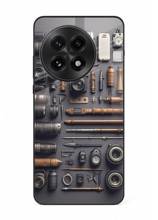 Camera tools flatlay artwork printed on glossy tempered glass OnePlus 13R back cover
