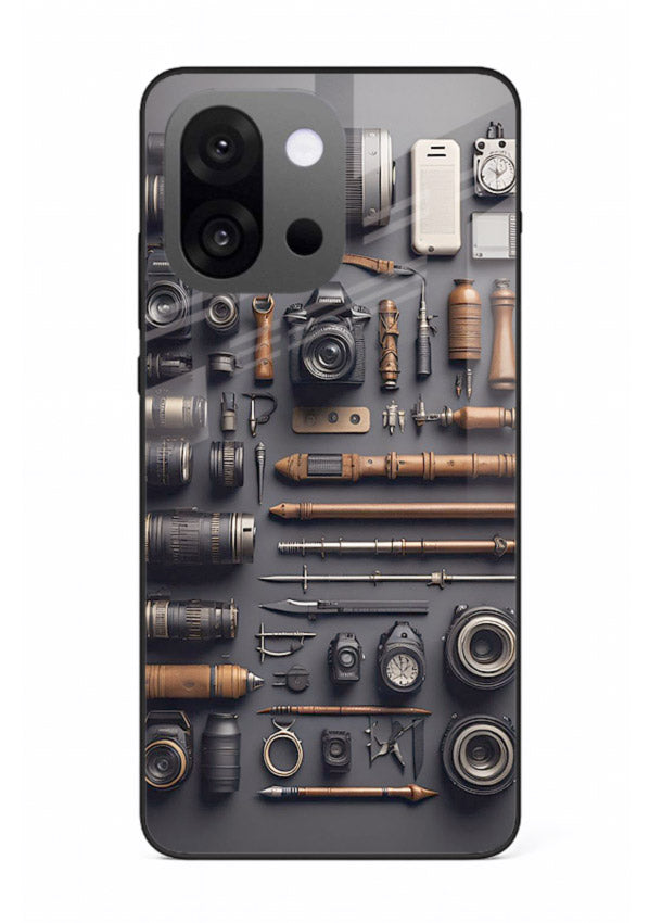 Camera tools flatlay artwork printed on glossy tempered glass OnePlus 13s back cover