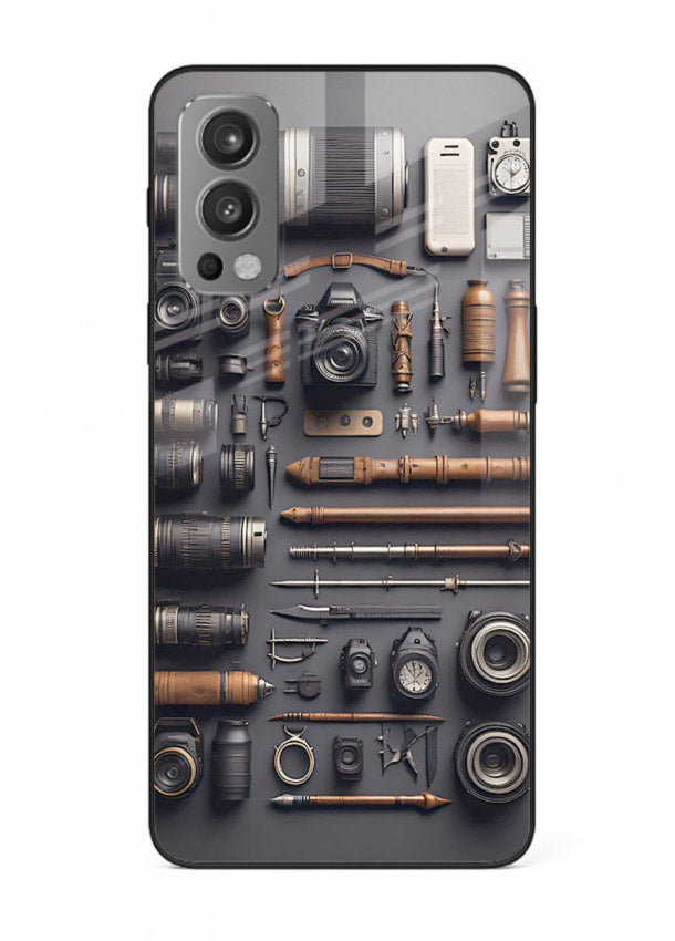 Camera tools flatlay artwork printed on glossy tempered glass OnePlus Nord 2 back cover