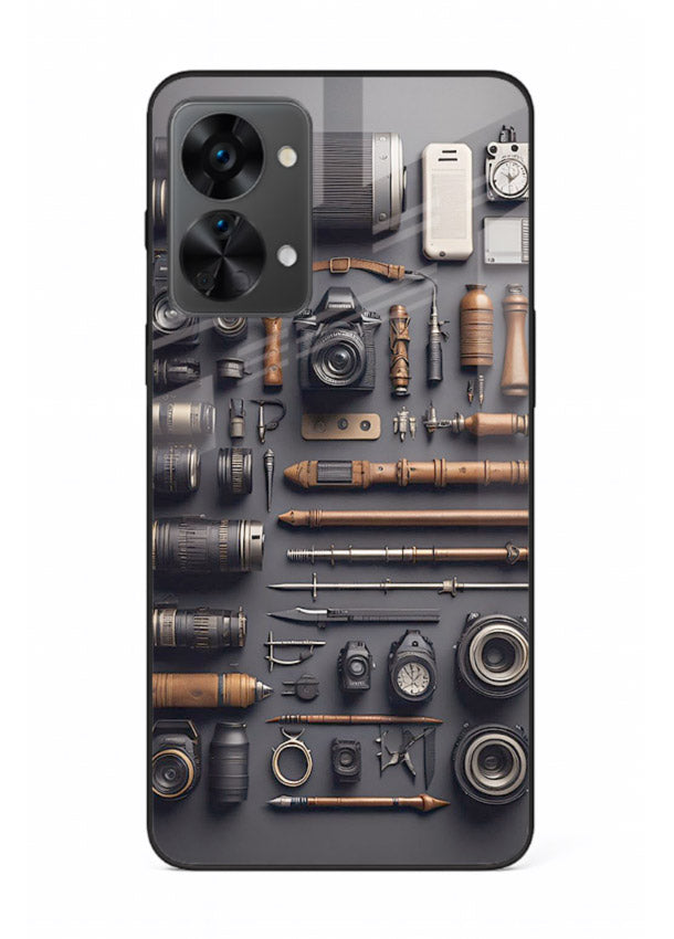 Camera tools flatlay artwork printed on glossy tempered glass OnePlus Nord 2T back cover