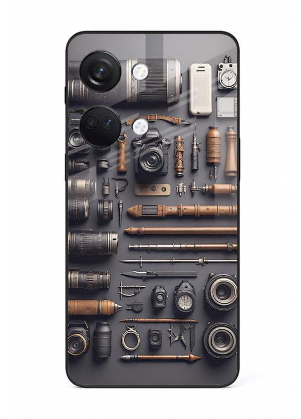 Camera tools flatlay artwork printed on glossy tempered glass OnePlus Nord 3 back cover