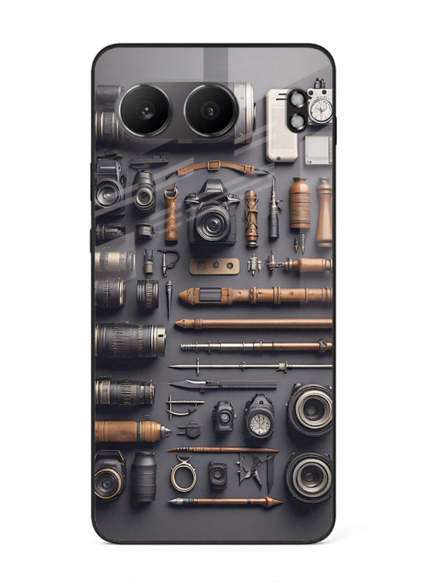 Camera tools flatlay artwork printed on glossy tempered glass OnePlus Nord 4 back cover