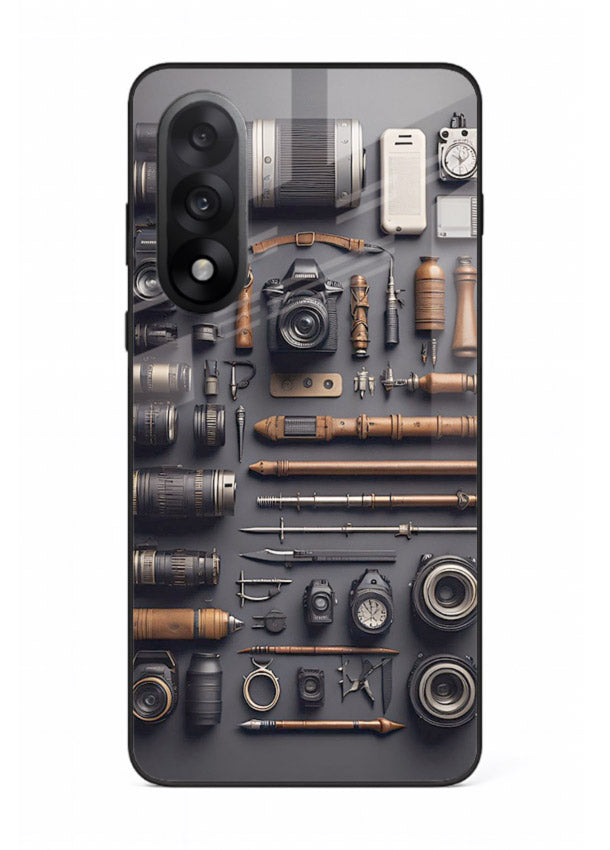 Camera tools flatlay artwork printed on glossy tempered glass OnePlus Nord 5 back cover