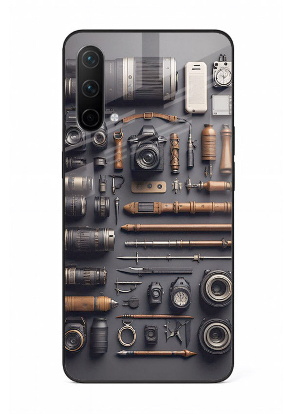 Camera tools flatlay artwork printed on glossy tempered glass OnePlus Nord CE 5G back cover