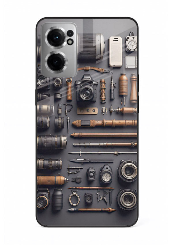 Camera tools flatlay artwork printed on glossy tempered glass OnePlus Nord CE2 5G back cover