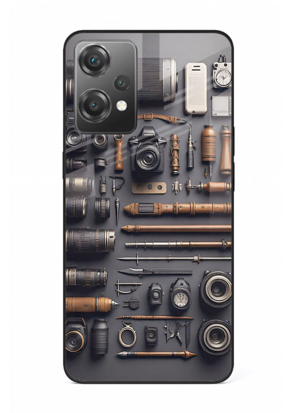 Camera tools flatlay artwork printed on glossy tempered glass OnePlus Nord CE2 Lite 5G back cover