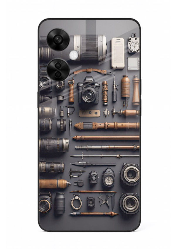 Camera tools flatlay artwork printed on glossy tempered glass OnePlus Nord CE3 Lite back cover