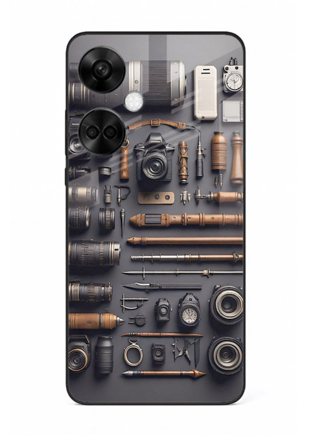 Camera tools flatlay artwork printed on glossy tempered glass OnePlus Nord CE3 back cover