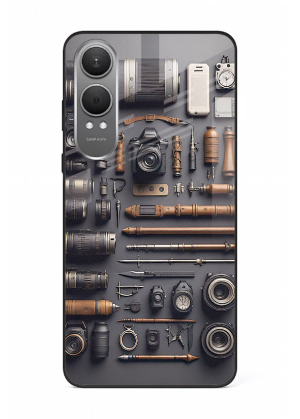 Camera tools flatlay artwork printed on glossy tempered glass OnePlus Nord CE4 Lite back cover