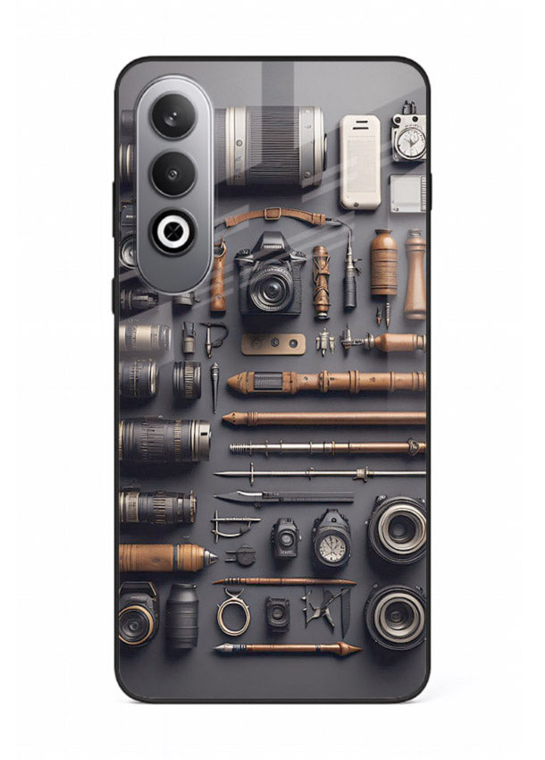Camera tools flatlay artwork printed on glossy tempered glass OnePlus Nord CE4 back cover