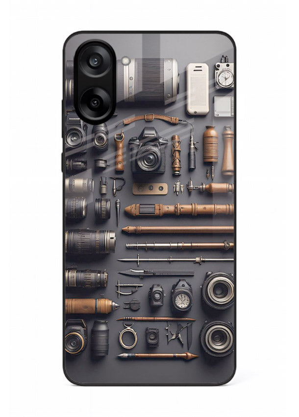 Camera tools flatlay artwork printed on glossy tempered glass OnePlus Nord CE5 back cover