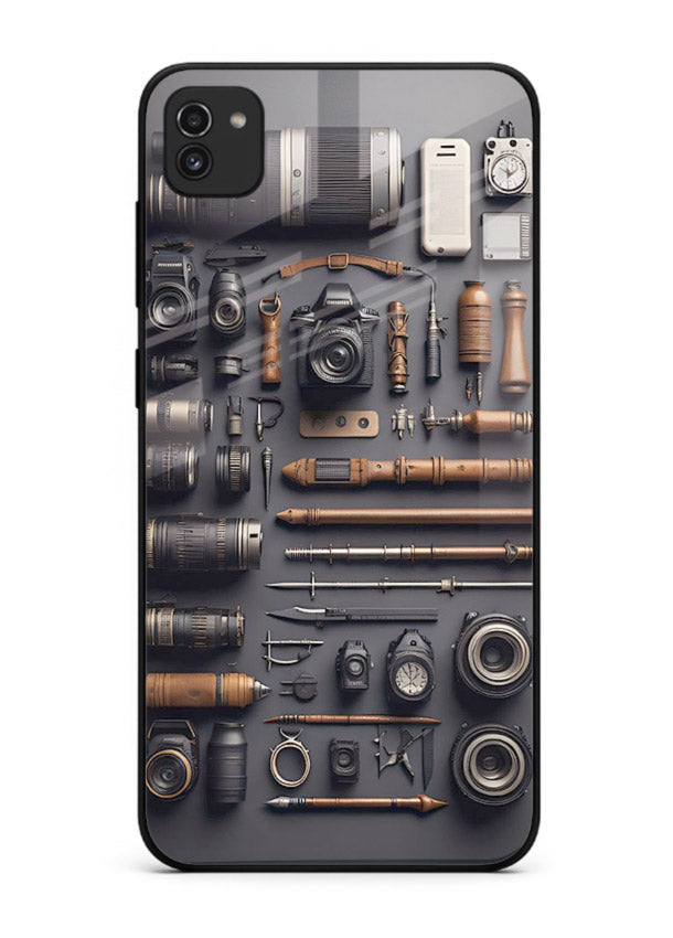 Camera tools flatlay artwork printed on glossy tempered glass Samsung A03 back cover