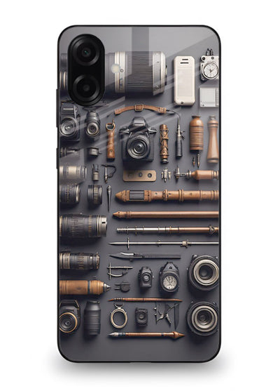 Camera tools flatlay artwork printed on glossy tempered glass Samsung M13 5G back cover