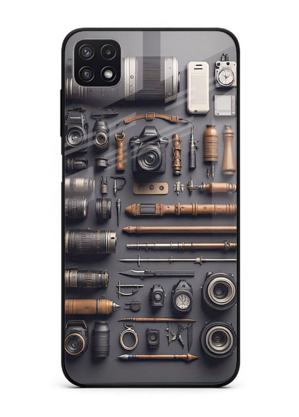 Camera tools flatlay artwork printed on glossy tempered glass Samsung F42 5G back cover