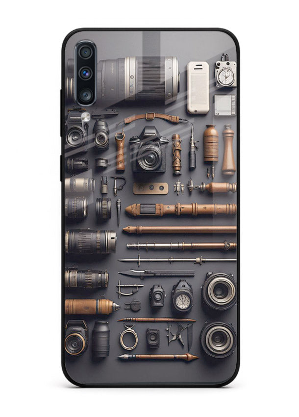 Camera tools flatlay artwork printed on glossy tempered glass Samsung A50 back cover