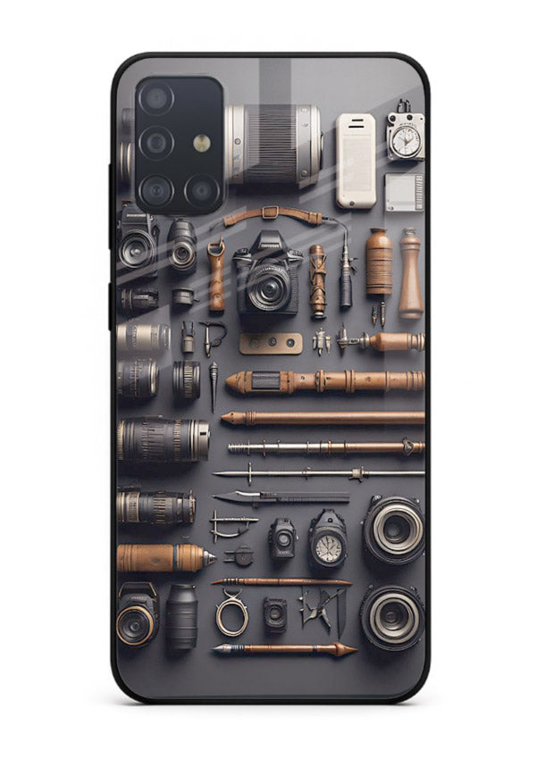 Camera tools flatlay artwork printed on glossy tempered glass Samsung A71 back cover