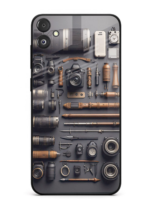 Camera tools flatlay artwork printed on glossy tempered glass Samsung F14 5G back cover