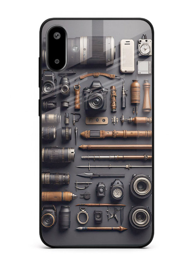 Camera tools flatlay artwork printed on glossy tempered glass Samsung F06 5G back cover