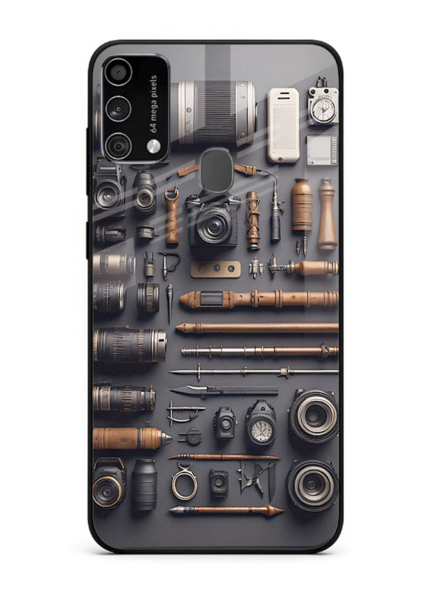 Camera tools flatlay artwork printed on glossy tempered glass Samsung F41 back cover