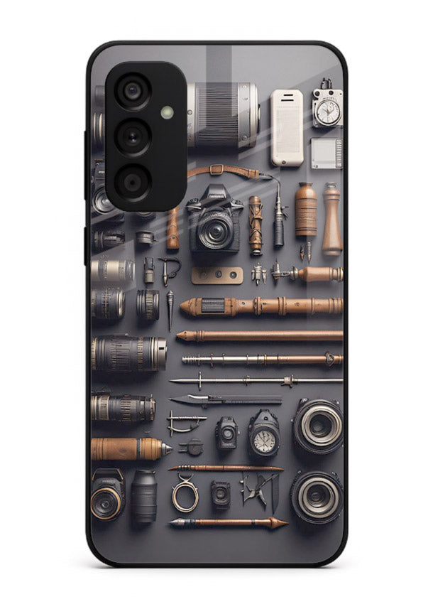 Camera tools flatlay artwork printed on glossy tempered glass Samsung F54 5G back cover