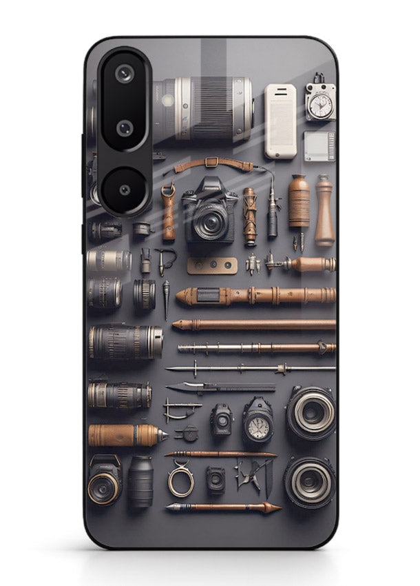Camera tools flatlay artwork printed on glossy tempered glass Samsung F16 5G back cover