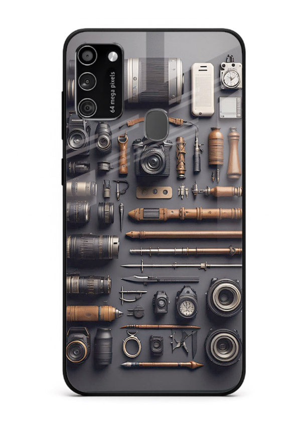 Camera tools flatlay artwork printed on glossy tempered glass Samsung M30s back cover